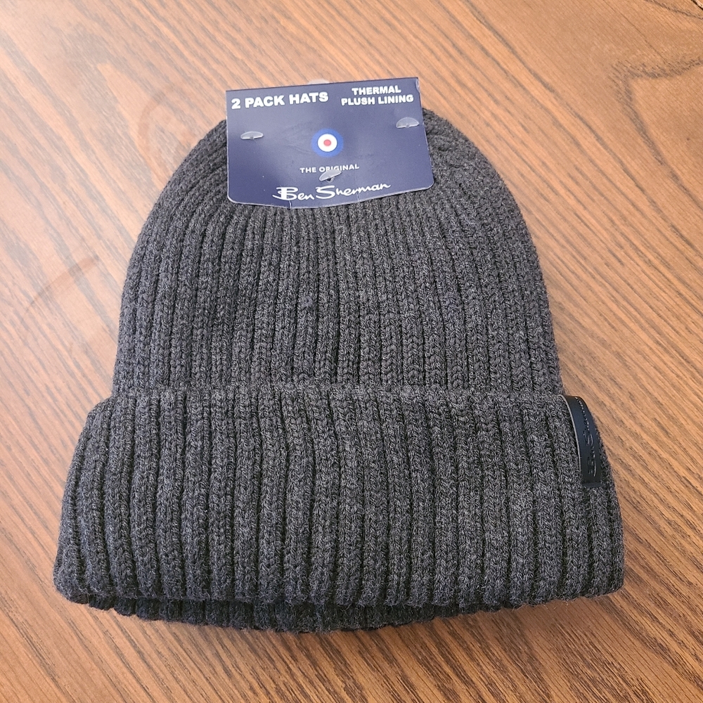 NWT Ben Sherman Thermal Dark Gray & Black Plush Lining Ribbed Beanie 2 Pack